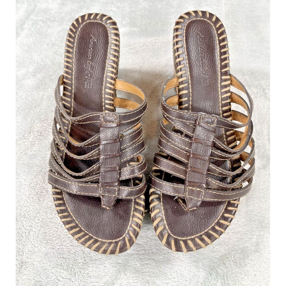 American Eagle Womens Brown Strappy Cork Wedge Sandals Size 5.5 Boho Y2K Mule